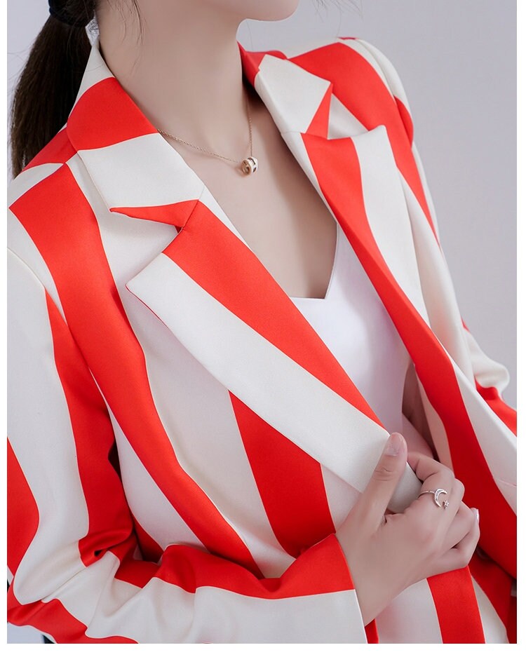 Red Striped Suit Jacket + Short Pants set, Woman Colorful Blazer, Fresh Sharp Color, for Casual/ Formal, Gift for her