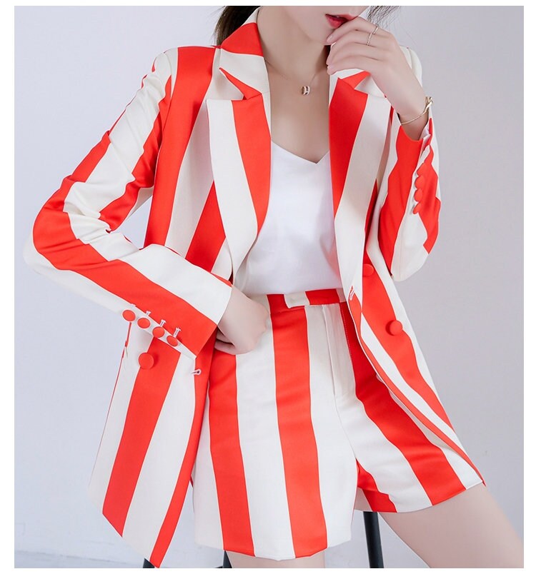 Red Striped Suit Jacket + Short Pants set, Woman Colorful Blazer, Fresh Sharp Color, for Casual/ Formal, Gift for her