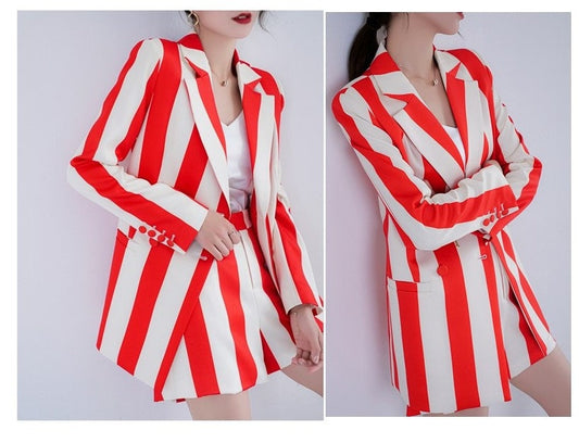 Red Striped Suit Jacket + Short Pants set, Woman Colorful Blazer, Fresh Sharp Color, for Casual/ Formal, Gift for her