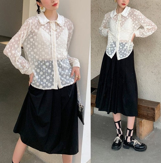 Lace Flower Pattern Blouse, Designer Woman Summer Transparent Long Sleeves Collared Shirt, Casual/ Formal Gift for her