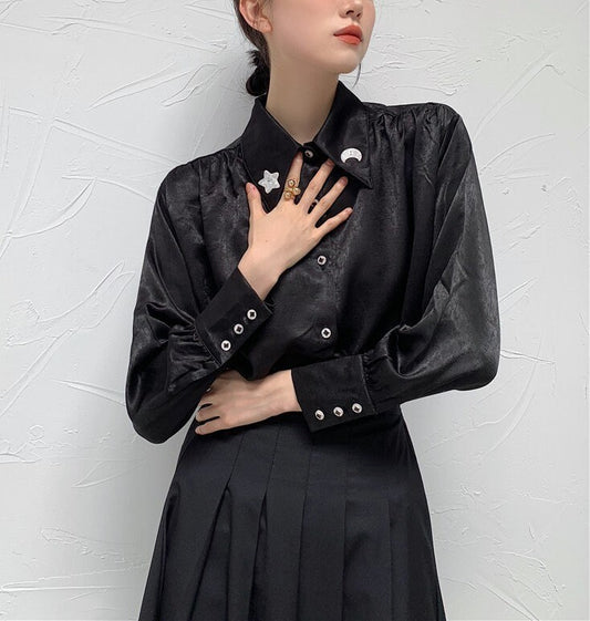 Moon & Star Satin Blouse, Designer Woman Collared Long Sleeves Shiny Shirt Classy Subtle Casual Formal Gift for her