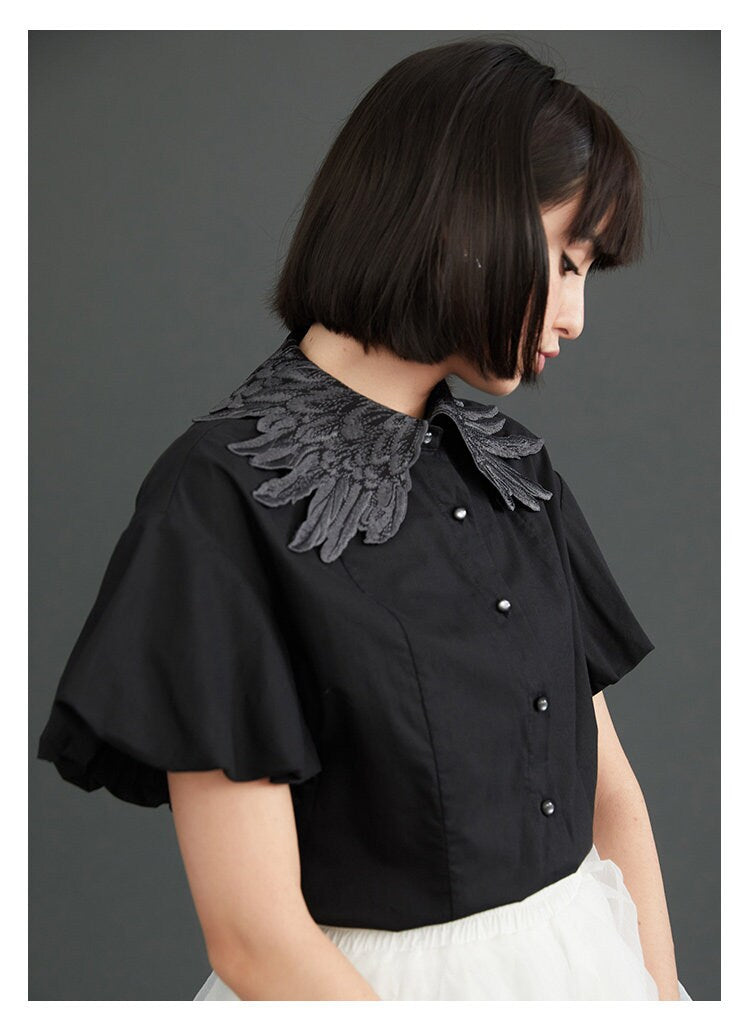 All Black Swan Wings Blouse, Designer Woman Collared Short Sleeves Summer Shirt Cool Stylish Casual Formal Gift for her