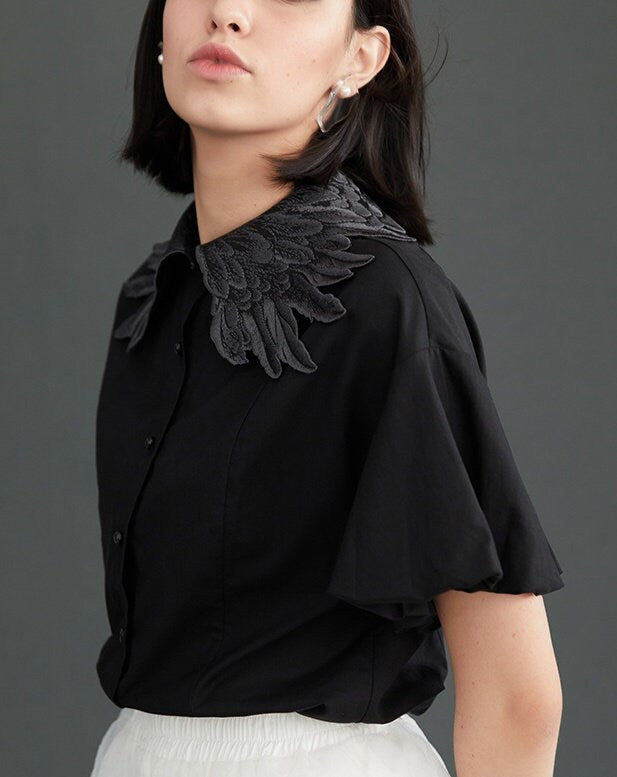 All Black Swan Wings Blouse, Designer Woman Collared Short Sleeves Summer Shirt Cool Stylish Casual Formal Gift for her