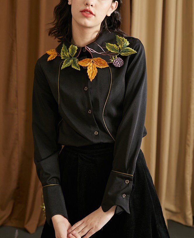 Fruit Trees Embroidery Collared Blouse, Designer Woman Long Sleeves Black Shirt Casual Formal Gift for her