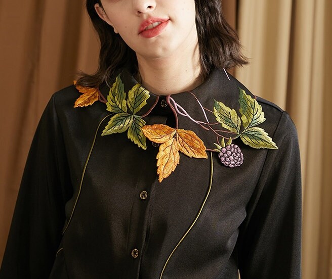 Fruit Trees Embroidery Collared Blouse, Designer Woman Long Sleeves Black Shirt Casual Formal Gift for her