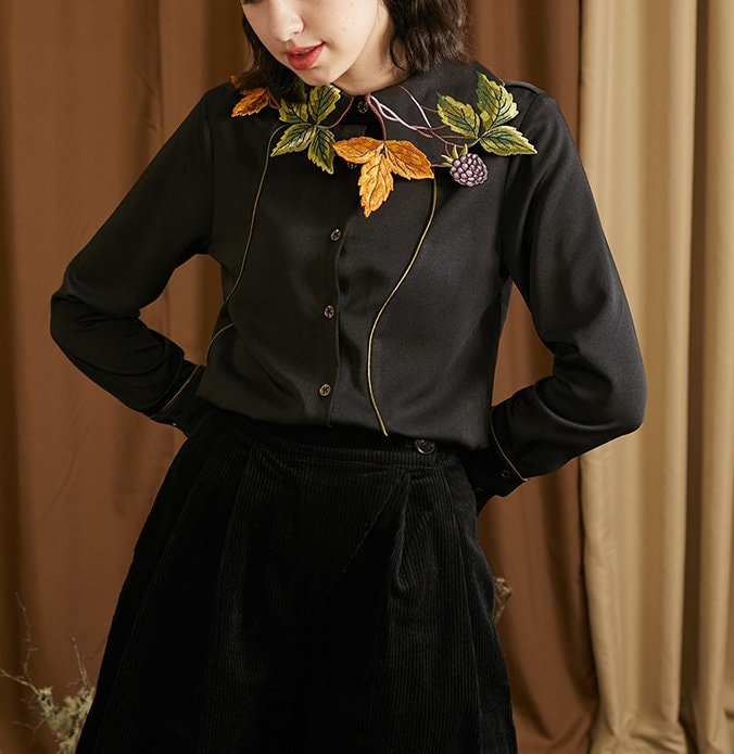 Fruit Trees Embroidery Collared Blouse, Designer Woman Long Sleeves Black Shirt Casual Formal Gift for her