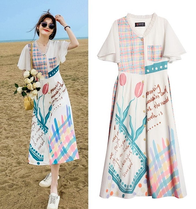 Floral Patchwork Pattern One Piece Dress, Designer Woman Colorful Top Graphics Printing for Casual summer dress gift for her