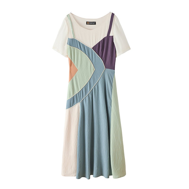 Pastel Patchwork One Piece Dress, Colorful Geometric Woman Top Casual Summer Dress Gifr for her