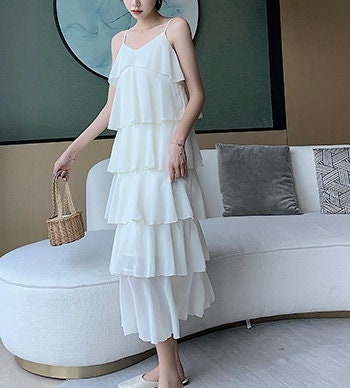 Layering flowy flowing silk sheer gauze spaghetti v neck corset maxi swing dress cream summer sun layered cake Ruffle frill edge dance