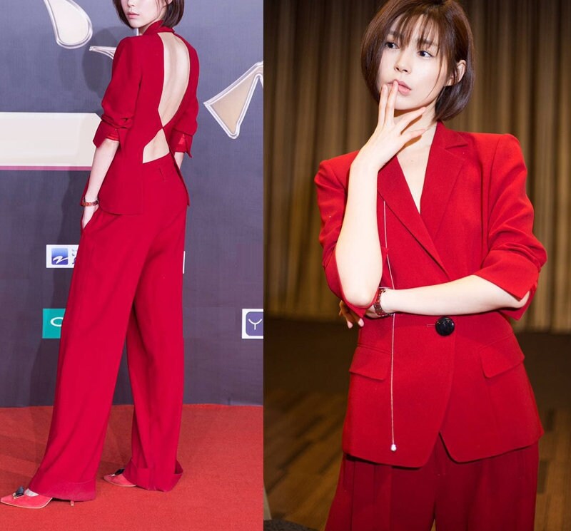 Red Pant Suit, Designer Woman Blackless Suit Jacket + Pants set Fit Formal / Casual Gift for her