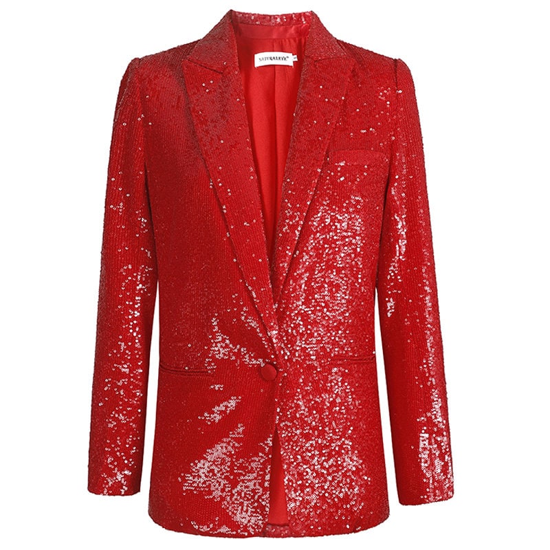 Red Sequin Layer Pant Suit, Designer Woman Shiny Suit Jacket + Pant Set Casual/ Formal/ Party Gift for her