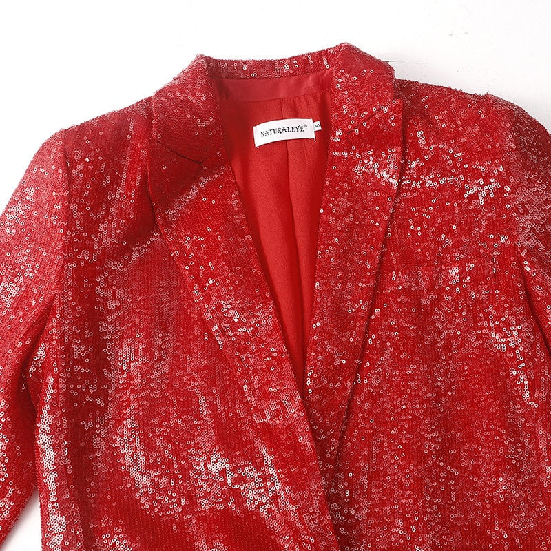 Red Sequin Layer Pant Suit, Designer Woman Shiny Suit Jacket + Pant Set Casual/ Formal/ Party Gift for her