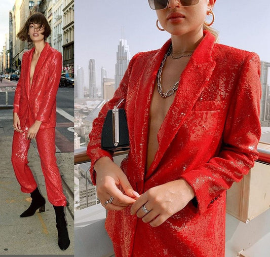 Red Sequin Layer Pant Suit, Designer Woman Shiny Suit Jacket + Pant Set Casual/ Formal/ Party Gift for her