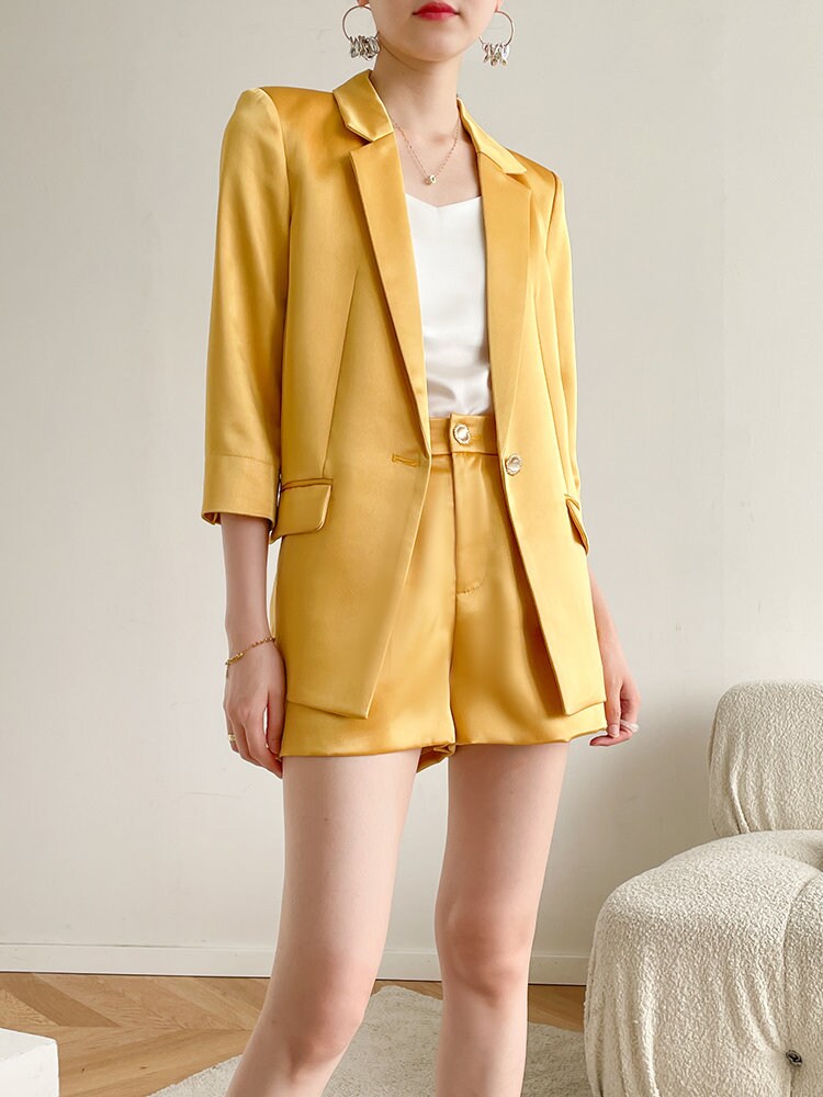 Yellow Satin Pant Suit, Designer Woman Suit Jacket + Pant Set Shiny Pure Colored Summer Short Casual/ Formal / Party Gift for her