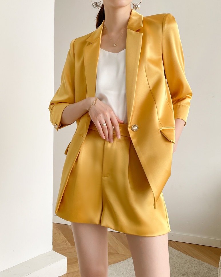 Yellow Satin Pant Suit, Designer Woman Suit Jacket + Pant Set Shiny Pure Colored Summer Short Casual/ Formal / Party Gift for her