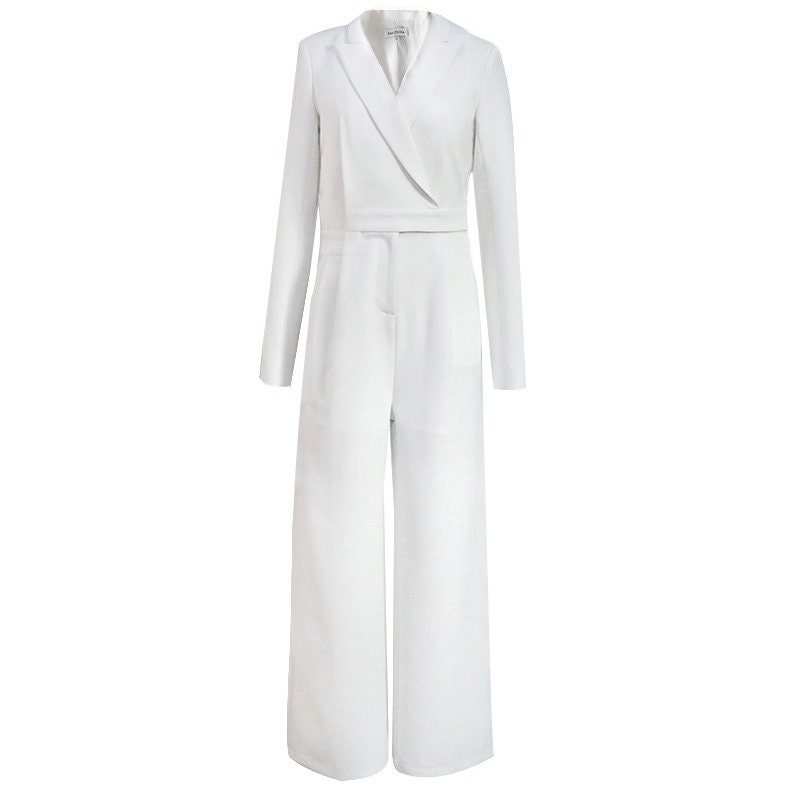 White Jumpsuit Pant Suit, Designer Woman Suite Jacket & Pant in one piece, Casual/ Party / Formal Fit Gift for her