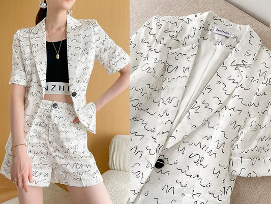 Blazer + Pants Set, Designer Art Pant Suit Woman Suit Jacket + Short Pants Pattern Graphics for Casual/ Formal Gift for her