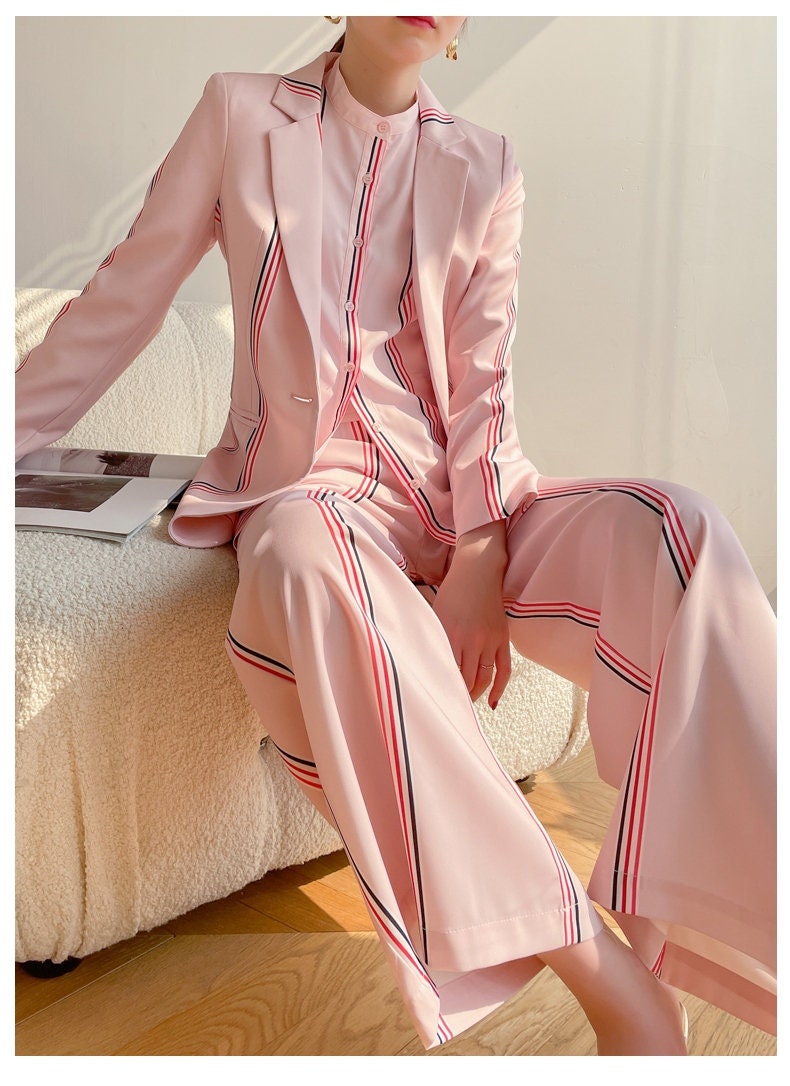 Pink Pantsuit, Blazer+Pants+Shirt (3 pcs a set) Designer Woman Suit Jacket Long Pants Blouse for Casual/ Formal Gift for her