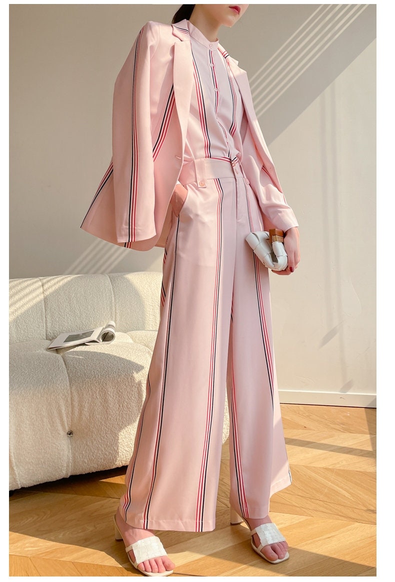 Pink Pantsuit, Blazer+Pants+Shirt (3 pcs a set) Designer Woman Suit Jacket Long Pants Blouse for Casual/ Formal Gift for her