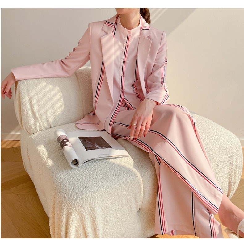 Pink Pantsuit, Blazer+Pants+Shirt (3 pcs a set) Designer Woman Suit Jacket Long Pants Blouse for Casual/ Formal Gift for her