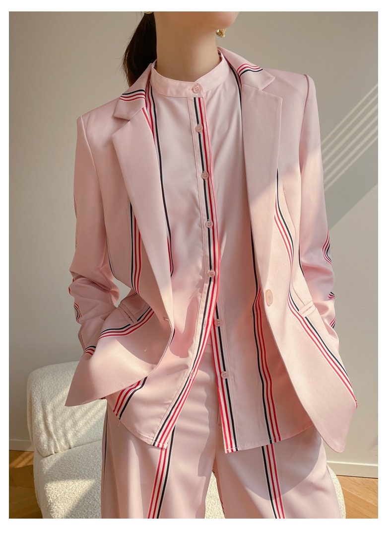 Pink Pantsuit, Blazer+Pants+Shirt (3 pcs a set) Designer Woman Suit Jacket Long Pants Blouse for Casual/ Formal Gift for her