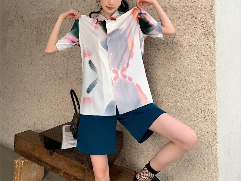 Illusion Art Blouse, Colorful Watermarbling styled woman collared shirt, for casual or formal, gift for her