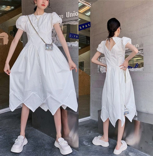 White Classic Woman Dress, Puff Sleeves Ladylike Waist Line Designer One Piece Minimalist Look for Casual/ Formal Gift for her