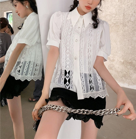 White Lace Puff Sleeve Blouse, Designer Woman Collared Shirt in Pattern Lace for Casual/ Formal Gift for her