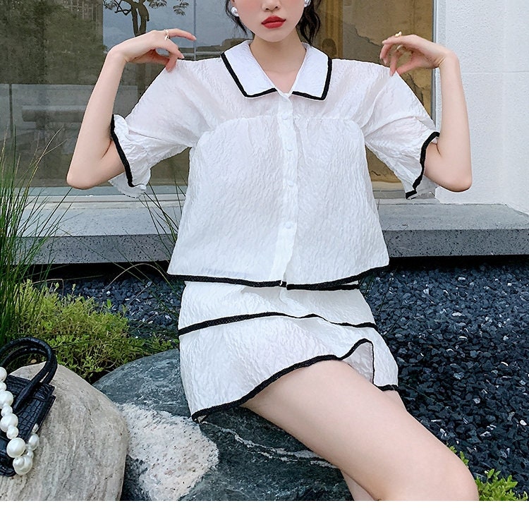 White Blouse + Dress Set, Designer Woman Top Black Outline Collared Shirt Skirt Woman Top for Casual/ Formal Gift for her