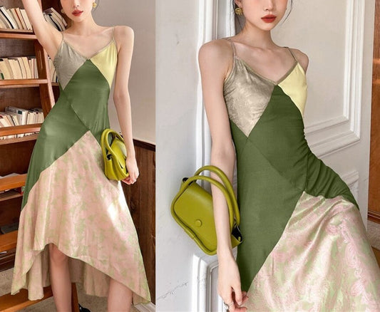 Patchwork One Piece Dress, Woman Colorful Summer Dress for Casual/ Formal, Gift for her