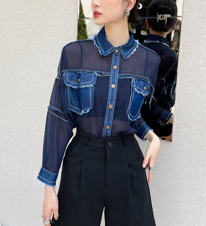 Patchwork Denim Blouse/ Jacket, Woman Collared Shirt Translucent Mixed Jean Summer Jacket Street Fashion for Casual Gifr for her