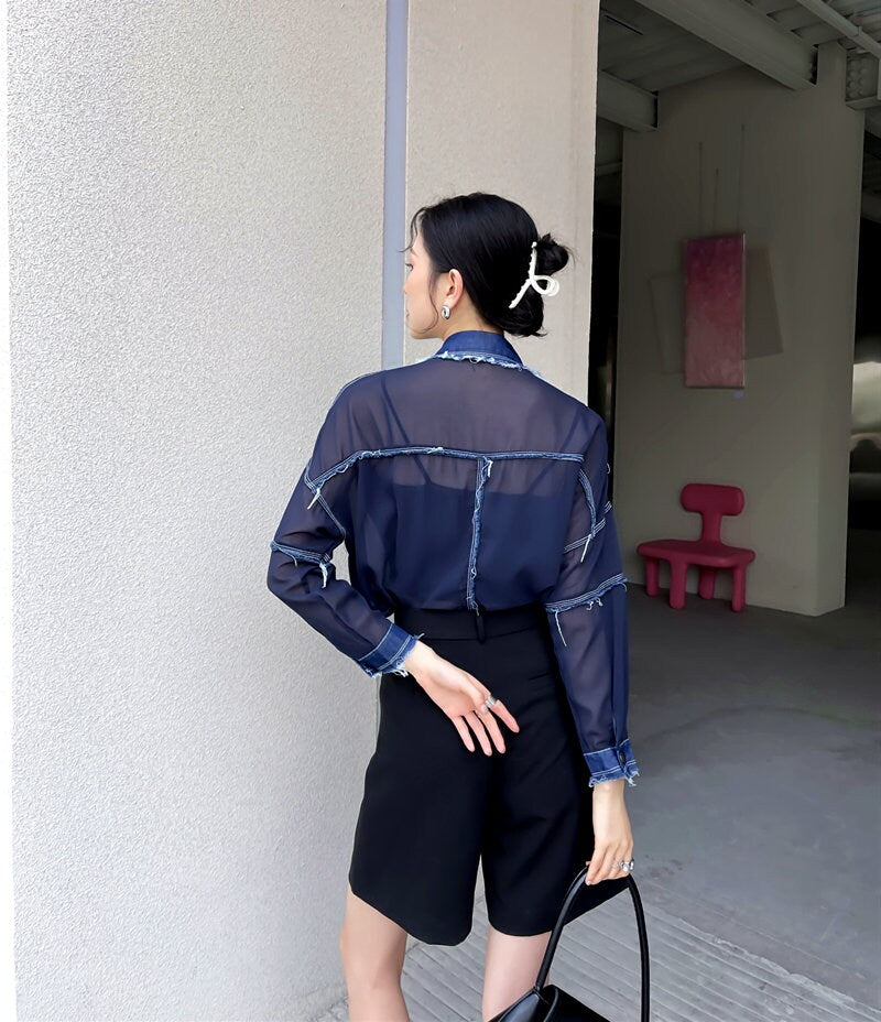 Patchwork Denim Blouse/ Jacket, Woman Collared Shirt Translucent Mixed Jean Summer Jacket Street Fashion for Casual Gifr for her