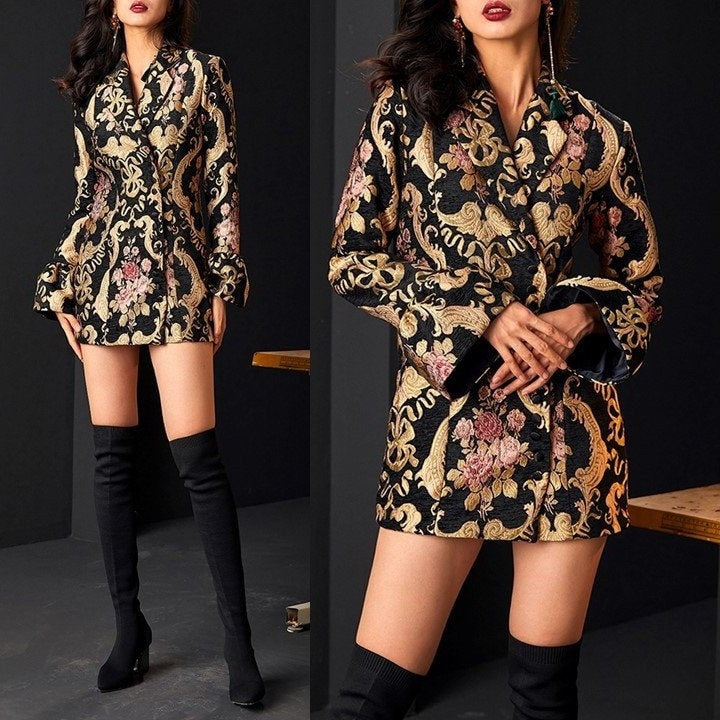 Golden Embroidery Blazer, Designer Woman Asian Heavey Embroidery Long Suit Jacket Slim Cut Floral Graphics for Formal/Casual/Gift for her