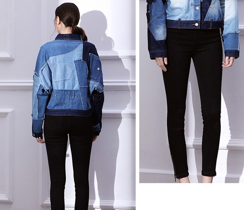 Asymmetric Denim Jacket, Collage Art Patchwork Jeans Woman Top for Cassual/ Party/ Holiday/ Gift for her