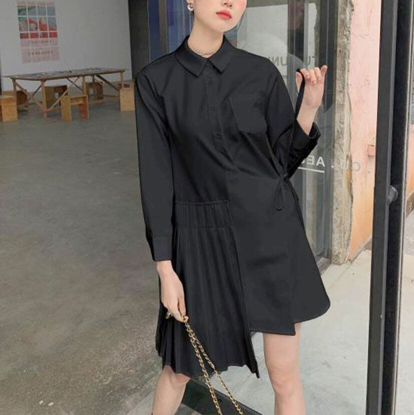 Asymmetry Pure Colored One Piece Dress, Designer Woman Summer Patchwork Collared Dress Casual Formal Gift for her