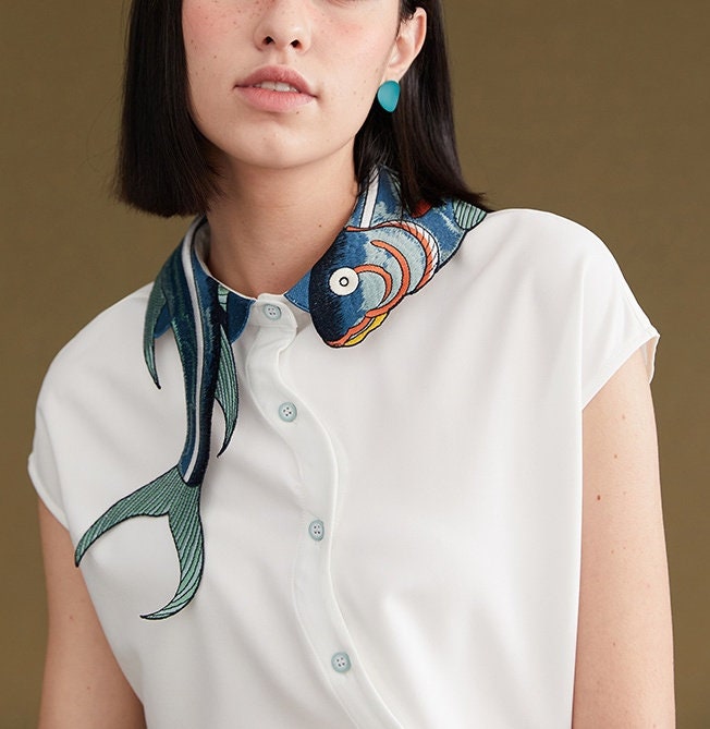 Embroidery Koi Collared Sleeveless Blouse, Designer Woman Japanese Styled Summer Shirt Casual Formal Gift for her