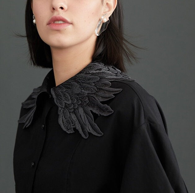 All Black Swan Wings Blouse, Designer Woman Collared Short Sleeves Summer Shirt Cool Stylish Casual Formal Gift for her