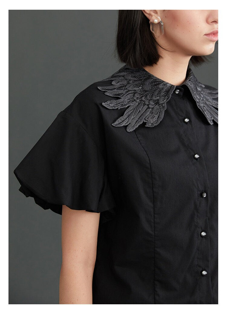 All Black Swan Wings Blouse, Designer Woman Collared Short Sleeves Summer Shirt Cool Stylish Casual Formal Gift for her