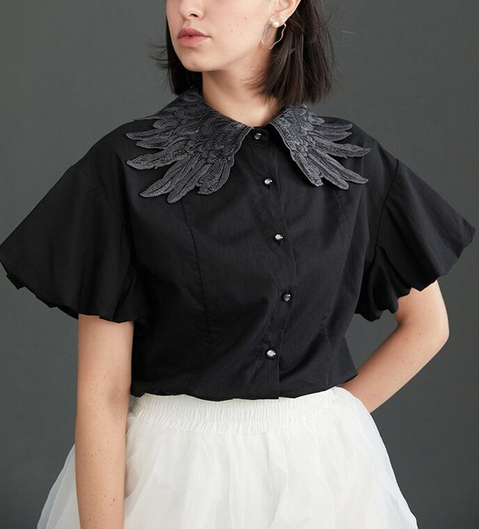 All Black Swan Wings Blouse, Designer Woman Collared Short Sleeves Summer Shirt Cool Stylish Casual Formal Gift for her