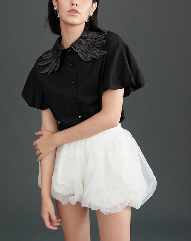 All Black Swan Wings Blouse, Designer Woman Collared Short Sleeves Summer Shirt Cool Stylish Casual Formal Gift for her