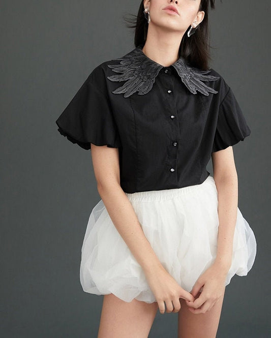 All Black Swan Wings Blouse, Designer Woman Collared Short Sleeves Summer Shirt Cool Stylish Casual Formal Gift for her