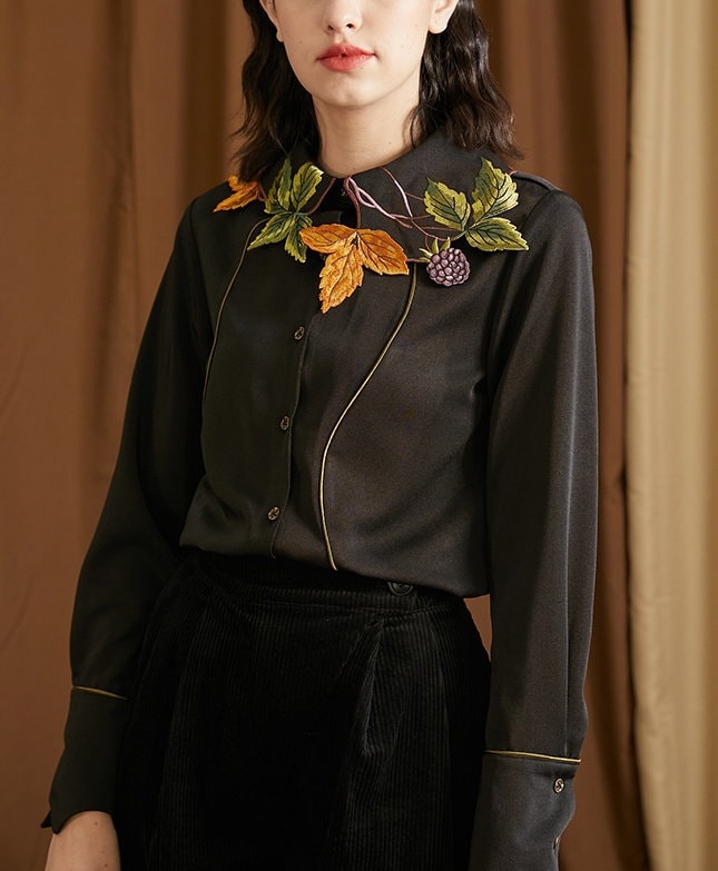 Fruit Trees Embroidery Collared Blouse, Designer Woman Long Sleeves Black Shirt Casual Formal Gift for her