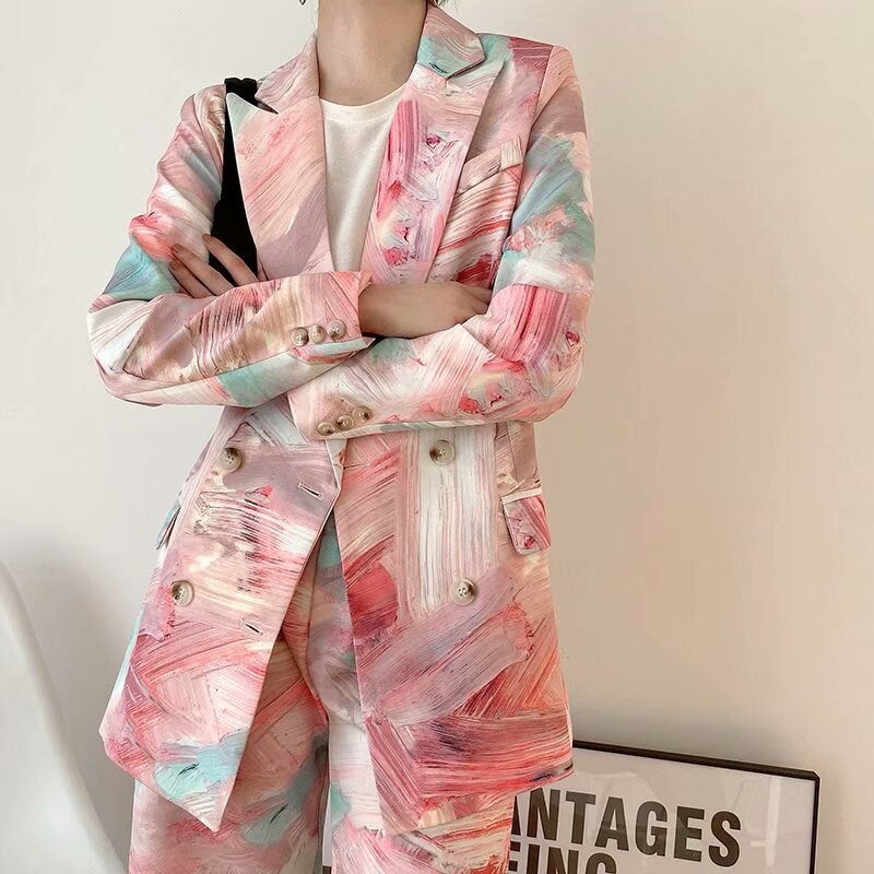 Pink Tie Dye Blazer + Shorts, Woman Suit Jacket Graffiti Pattern Short Pants Painting Strokes for Smart Casual/ Formal/ Gift for her