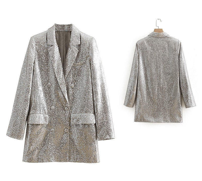 Silver Shiny Blazer, Designer Woman Suit Jacket for Smart Casual/ Formal/ Party/ Gift for her