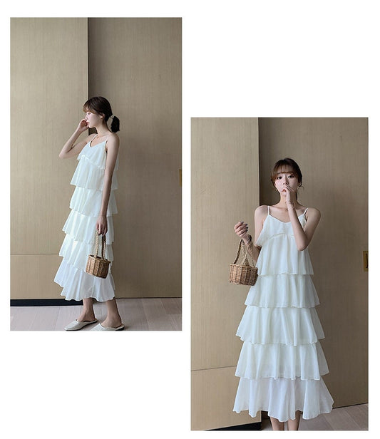 Layering flowy flowing silk sheer gauze spaghetti v neck corset maxi swing dress cream summer sun layered cake Ruffle frill edge dance