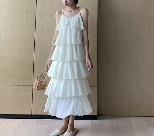 Layering flowy flowing silk sheer gauze spaghetti v neck corset maxi swing dress cream summer sun layered cake Ruffle frill edge dance