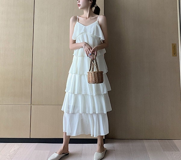 Layering flowy flowing silk sheer gauze spaghetti v neck corset maxi swing dress cream summer sun layered cake Ruffle frill edge dance