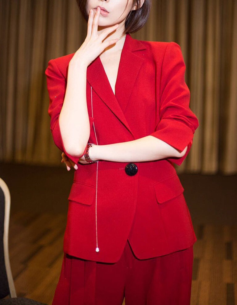 Red Pant Suit, Designer Woman Blackless Suit Jacket + Pants set Fit Formal / Casual Gift for her