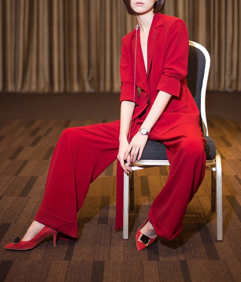 Red Pant Suit, Designer Woman Blackless Suit Jacket + Pants set Fit Formal / Casual Gift for her