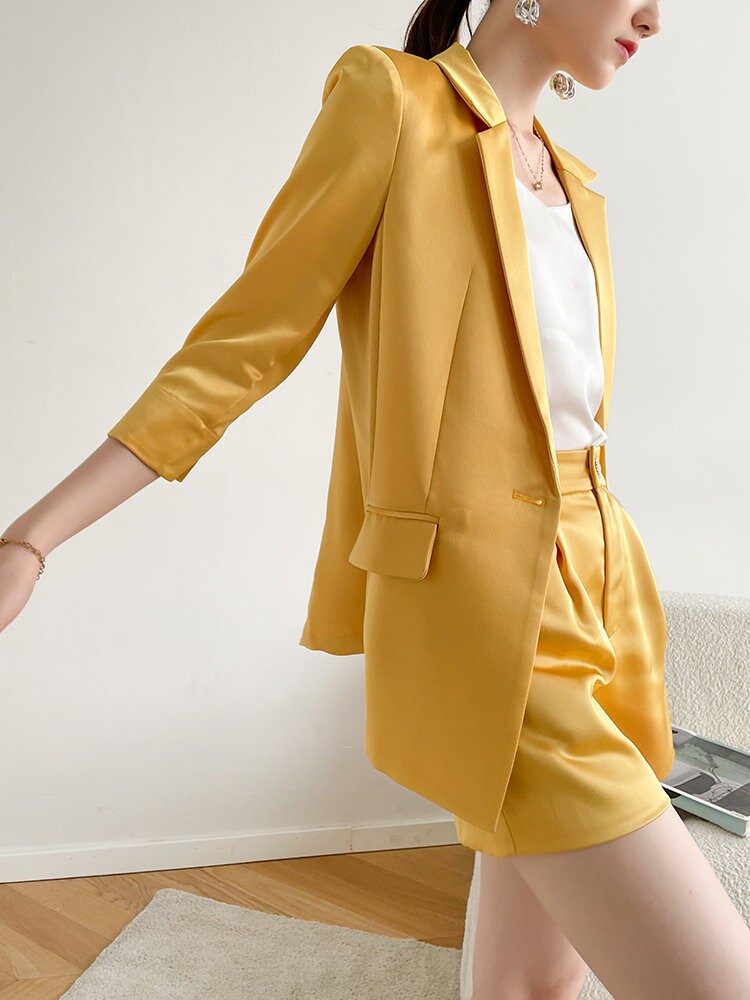 Yellow Satin Pant Suit, Designer Woman Suit Jacket + Pant Set Shiny Pure Colored Summer Short Casual/ Formal / Party Gift for her